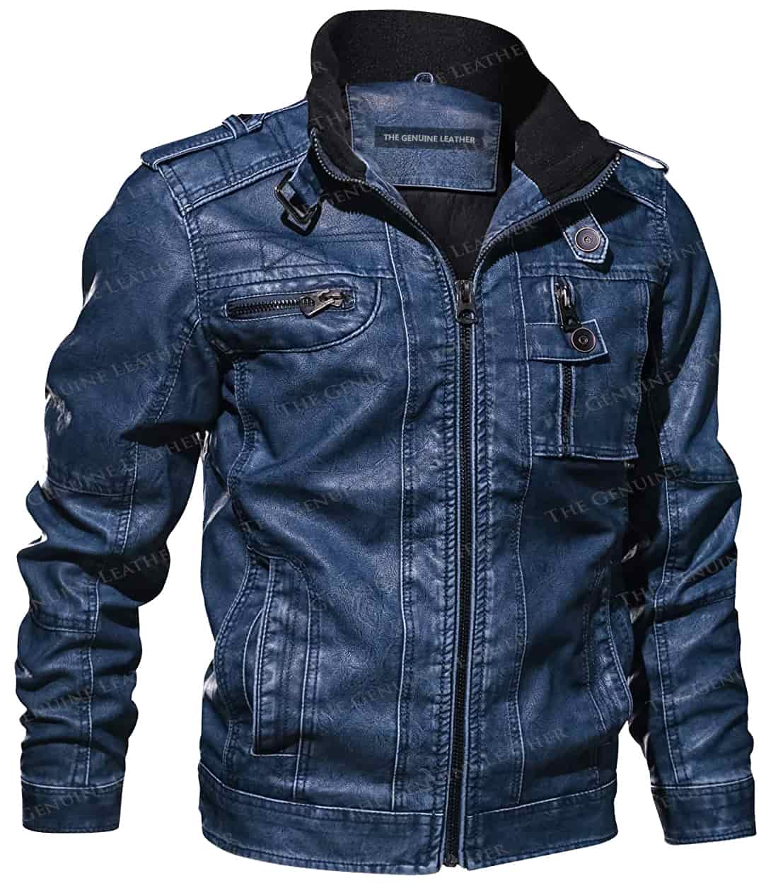 Mens Denim Blue Sleeves Casual Leather 
