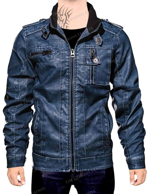 Mens Denim Blue Sleeves Casual Leather Jacket | The Genuine Leather