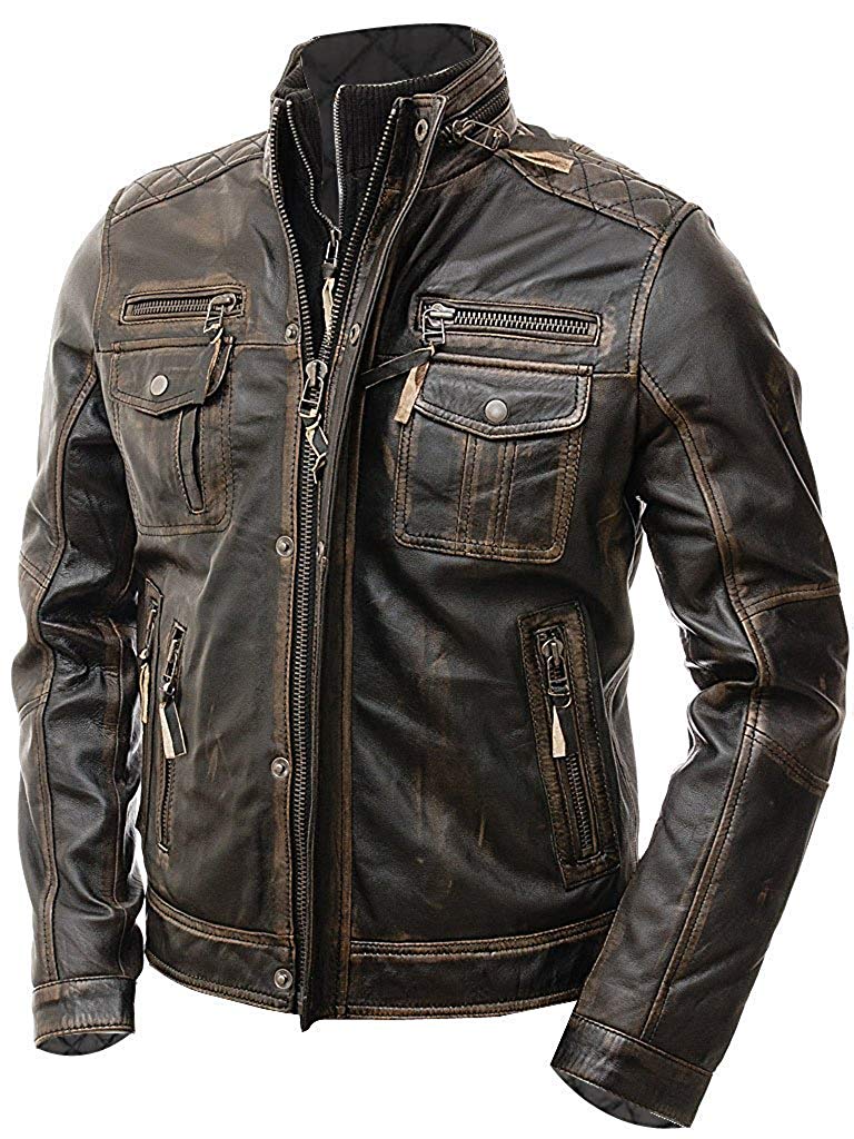 Cafe Racer Distressed Motorcycle Brown Leather Jacket Biker Jacket