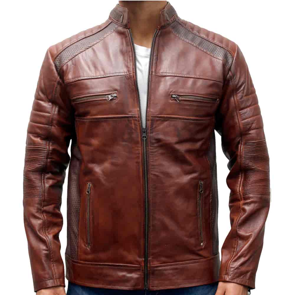 Men Genuine Leather Motorcycle Jacket Slim Fit Coat Collar straight Biker Cafe